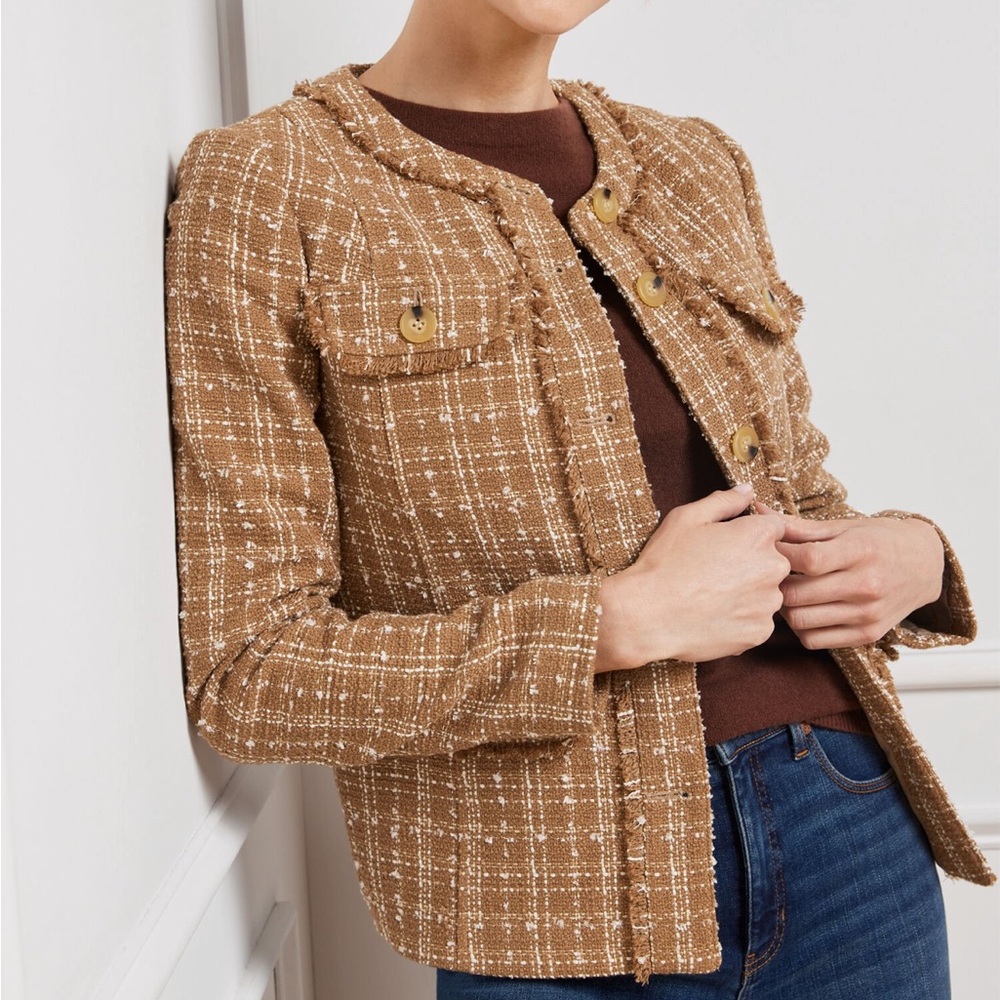 Talbots Tweed Fringe camel Blazer Jacket Women’s Sz 12